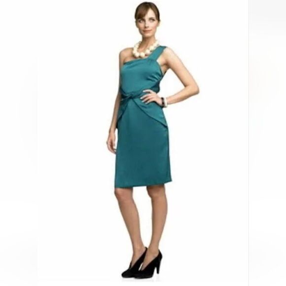 Banana Republic Silk Open Shoulder Teal Dress Size 2 - Picture 3 of 13